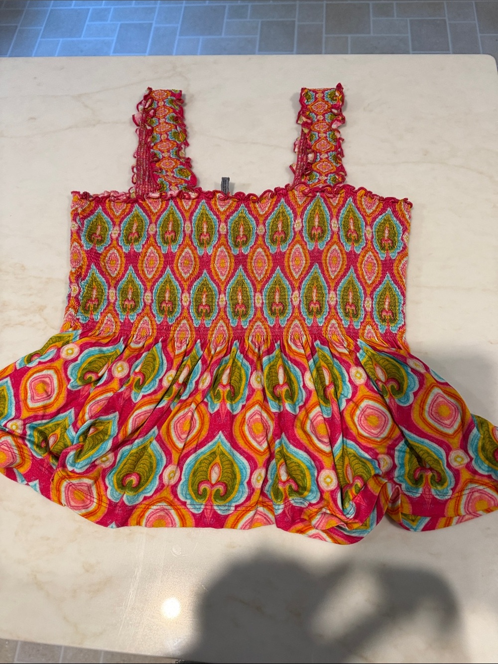 Pink Multicolor Smocked Peplum Crop Top
